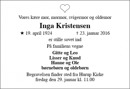 Dødsannoncen for Inga Kristensen - Hurup Thy