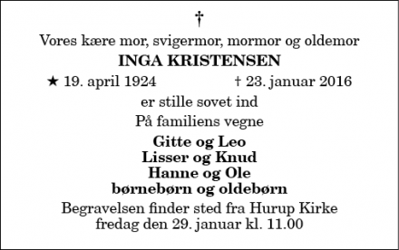 Dødsannoncen for Inga Kristensen - Hurup Thy