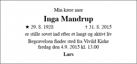 Dødsannoncen for Inga Mandrup - Vivild