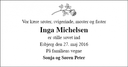 Dødsannoncen for Inga Michelsen - Esbjerg