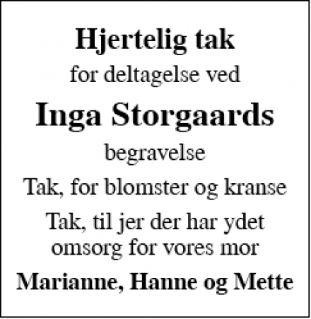 Dødsannoncen for Inga Storgaard - Jelling 