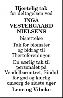 Dødsannoncen for Inga Vestergaard Nielsen - 9800 Hjørring