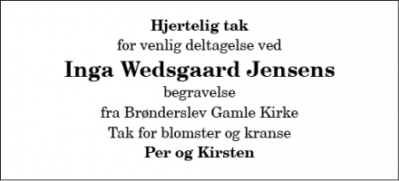 Dødsannoncen for Inga Wedsgaard Jensens - Brønderslev
