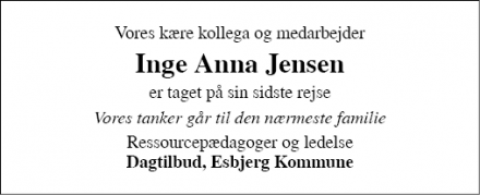 Dødsannoncen for Inge Anna Jensen - Esbjerg