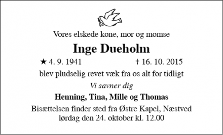 Dødsannoncen for Inge Dueholm - Fensmark