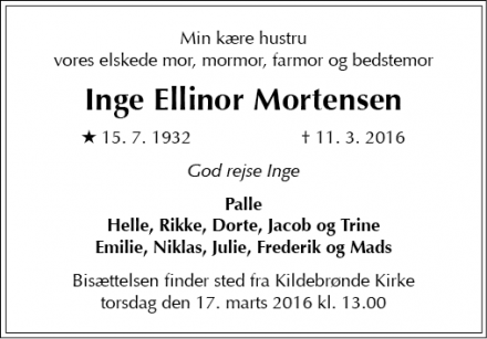 Dødsannoncen for Inge Ellinor Mortensen - Greve