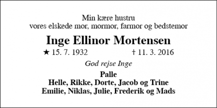 Dødsannoncen for Inge Ellinor Mortensen - Greve 