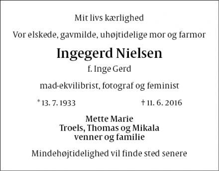 Dødsannoncen for Inge Gerd Nielsen - København