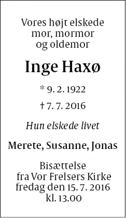 Dødsannoncen for Inge Haxø - København