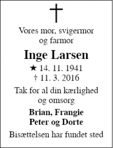 Dødsannoncen for Inge Kirsten Larsen - Næstved