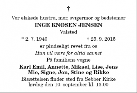Dødsannoncen for Inge Knøsen Jensen - Valsted