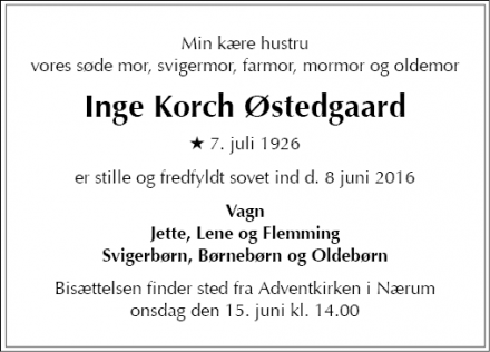 Dødsannoncen for Inge Korch Østedgaard - Nærum