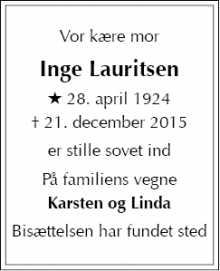 Dødsannoncen for Inge Lauritsen - Roskilde