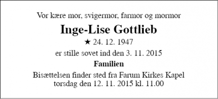 Dødsannoncen for Inge-Lise Gottlieb - Farum