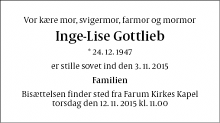 Dødsannoncen for Inge-Lise Gottlieb - Farum