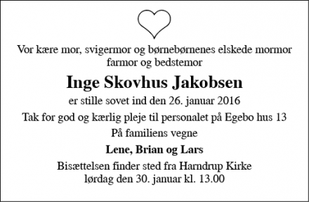 Dødsannoncen for Inge Skovhus Jakobsen - Harndrup