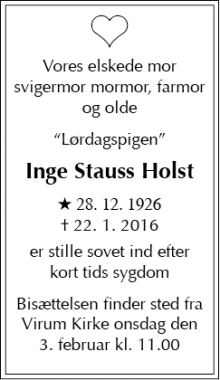 Dødsannoncen for Inge Stauss Holst - Virum