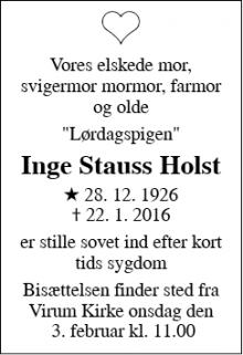 Dødsannoncen for Inge Stauss Holst - Virum