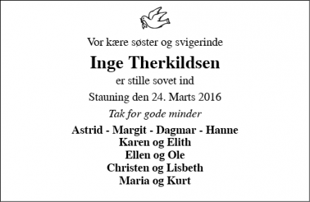 Dødsannoncen for Inge Therkildsen - Stauning
