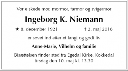Dødsannoncen for Ingeborg K. Niemann - Hørsholm