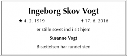 Dødsannoncen for Ingeborg Skov Vogt - københavn