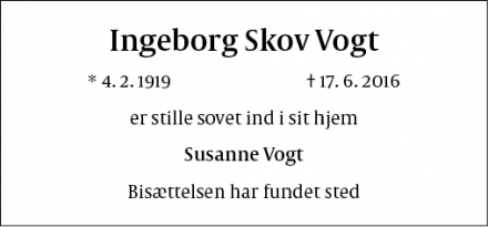 Dødsannoncen for Ingeborg Skov Vogt - københavn