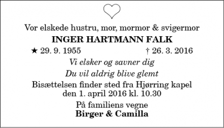 Dødsannoncen for Inger Hartmann Falk - vittrup