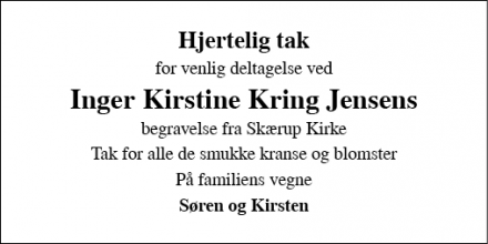 Dødsannoncen for Inger Kirstine Kring Jensens - Vejle