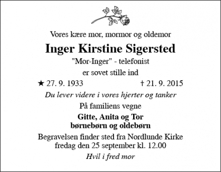 Dødsannoncen for Inger Kirstine Sigersted - Nykøbing Falster. 