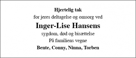Dødsannoncen for Inger-Lise Hansen - 5400 Bogense