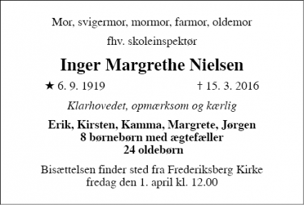 Dødsannoncen for Inger Margrethe Nielsen - Middelfart