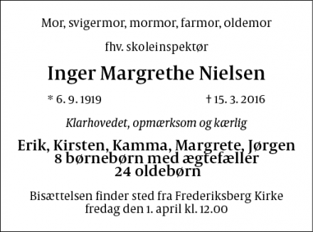 Dødsannoncen for Inger Margrethe Nielsen - Middelfart