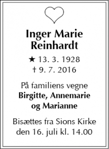 Dødsannoncen for Inger Marie Reinhardt - Charlottenlund