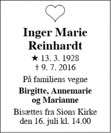 Dødsannoncen for Inger Marie Reinhardt - Charlottenlund