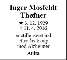 Dødsannoncen for Inger Mosfeldt Thøfner - København