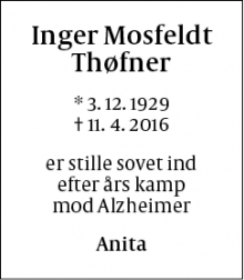 Dødsannoncen for Inger Mosfeldt Thøfner - København