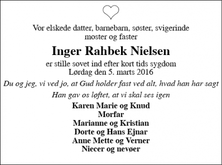 Dødsannoncen for Inger Rahbek Nielsen - Skjern