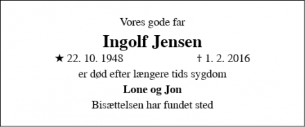 Dødsannoncen for Ingolf Jensen - Roskilde