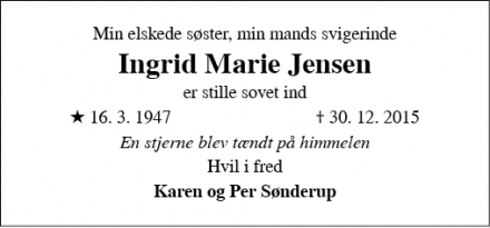 Dødsannoncen for Ingrid Marie Jensen - balle