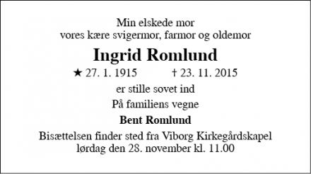 Dødsannoncen for Ingrid Romlund - Viborg