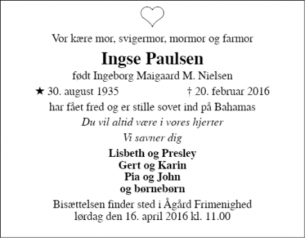 Dødsannoncen for Ingse Paulsen - Kolding