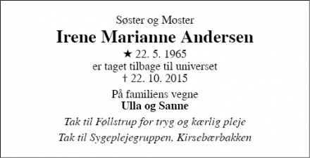 Dødsannoncen for Irene Marianne Andersen - frederiksværk