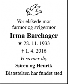 Dødsannoncen for Irma Barchager - København Ø