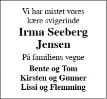 Dødsannoncen for Irma Seeberg Jensen - Billund