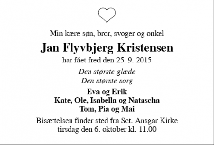Dødsannoncen for Jan Flyvbjerg Kristensen - Bramming