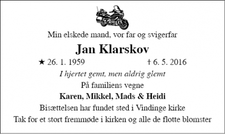 Dødsannoncen for Jan Klarskov - Vindinge (Roskilde)