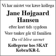 Dødsannoncen for Jane Højgaard Hansen - Struer