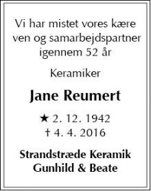Dødsannoncen for Jane Reumert - København