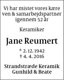 Dødsannoncen for Jane Reumert - København