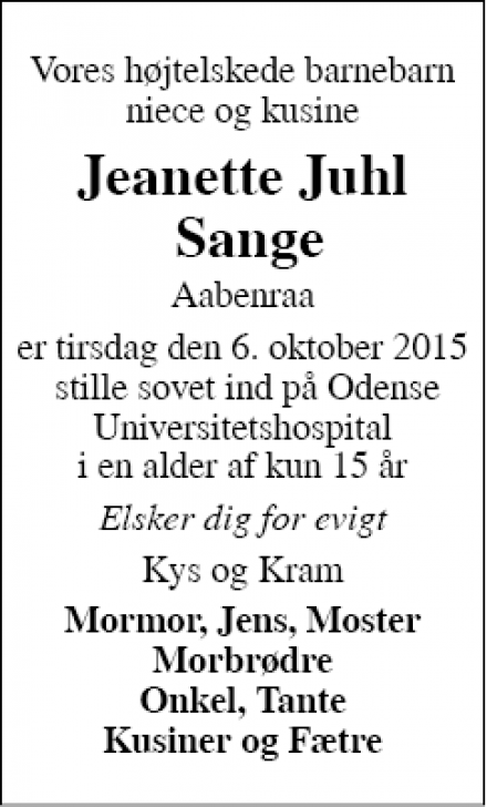 Dødsannoncen for Jeanette Juhl Sange - Vejen